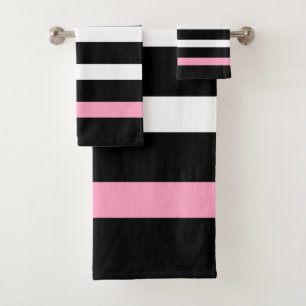 Black and pink stripes pattern gold accents bath towel set