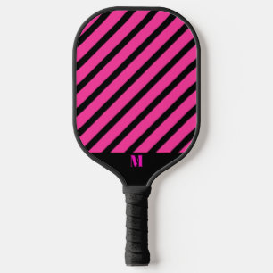 Black and Pink Stripes Pattern Modern Monogram Pickleball Paddle