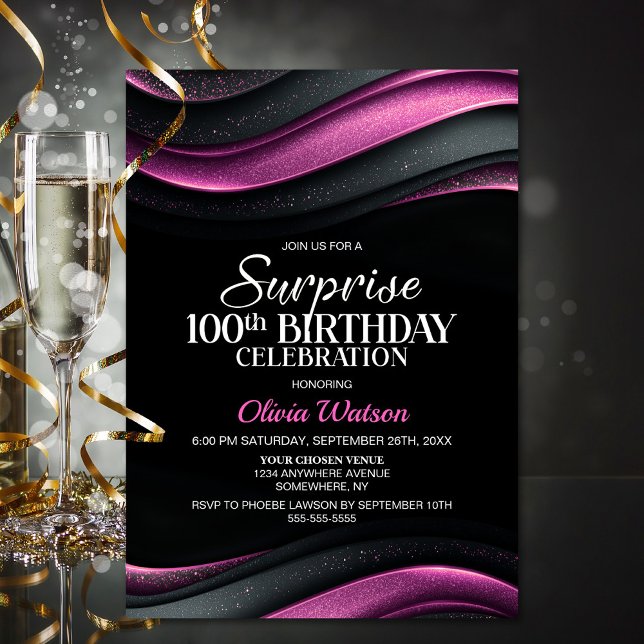 Black and Pink Surprise 100th Birthday Invitation (Creator Uploaded)