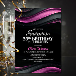 Black and Pink Surprise 55th Birthday Party Invitation