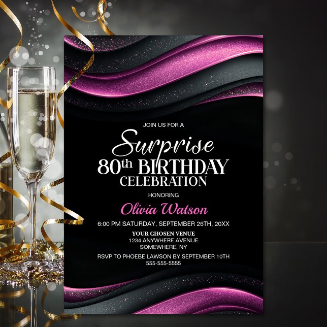 Black and Pink Surprise 80th Birthday Party Invitation (Creator Uploaded)