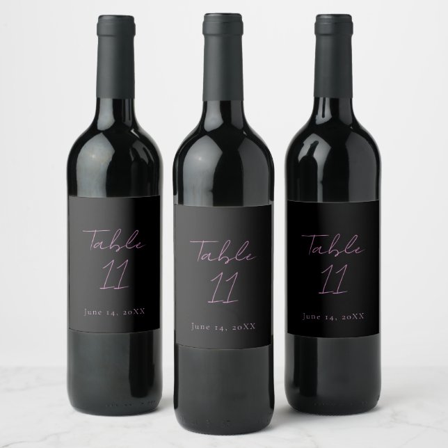 Black and Pink Table Number Wedding Wine Label (Bottles)