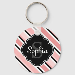 Black and Pink Tilted Stripe Pattern Key Ring