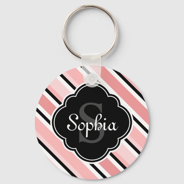Black and Pink Tilted Stripe Pattern Key Ring (Front)