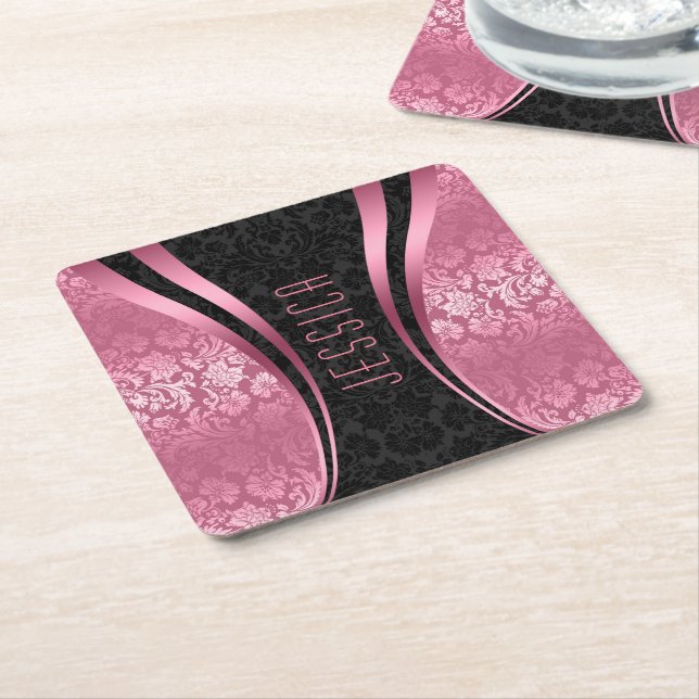 Black And Pink Tones Floral Damasks Square Paper Coaster (Angled)