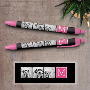 Black and Pink Trendy Photo Collage with Monogram Ink Pen