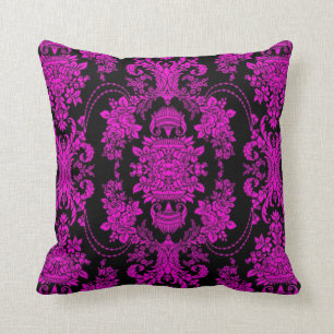 Black And Pink Vintage Baroque Floral Pattern Cushion