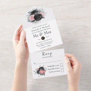 Black and Pink Vintage Roses Wedding All In One In Invitation