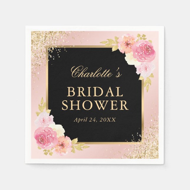 Black and Pink Watercolor Floral Bridal Shower Napkin (Front)