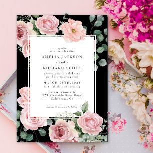 Black and pink watercolor floral classic wedding invitation