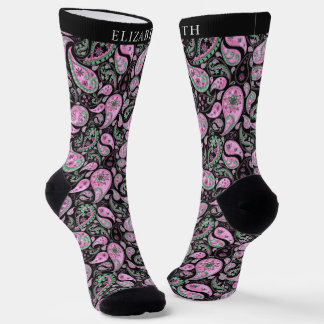 Black and Pink White Paisley Pattern Socks