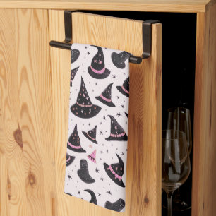 Black and Pink Witch's Hats Stars Pink Halloween Tea Towel