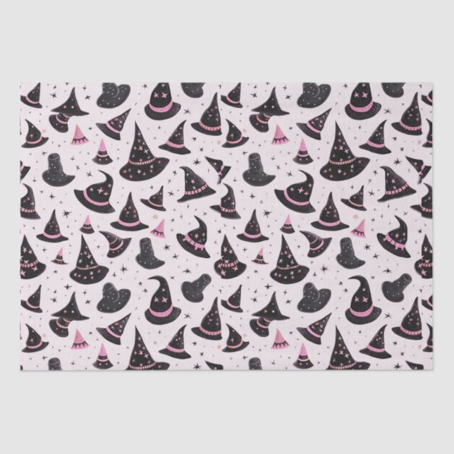 Black and Pink Witch's Hats Stars Pink Halloween Tissue Paper (Front)