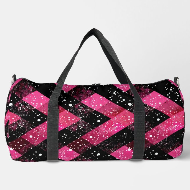 Black And Pink Woven With Glitter Look Duffle Bag (Front)