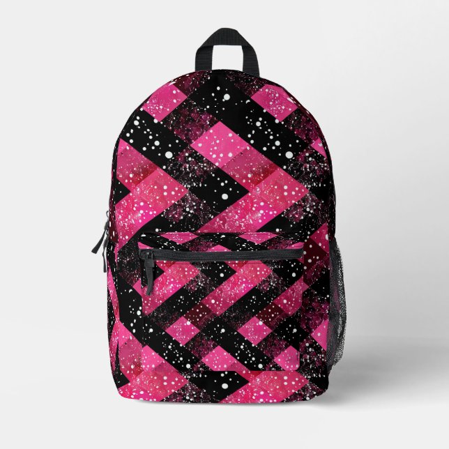 Black And Pink Woven With Glitter Look Printed Backpack (Front)