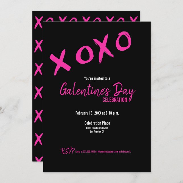 Black and Pink XOXO Galentine's Day Party Invitation (Front/Back)
