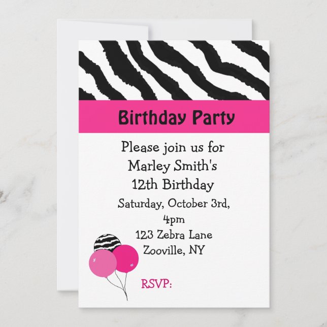 Black and Pink Zebra Birthday Invitation (Front)
