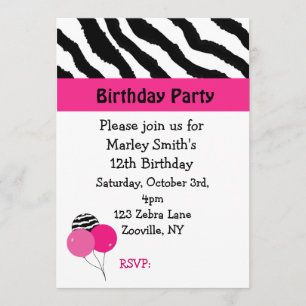Black and Pink Zebra Birthday Invitation