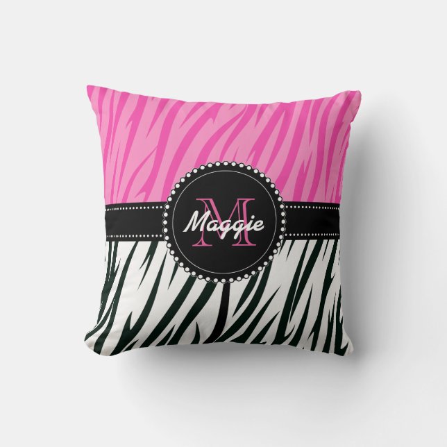 Black and Pink Zebra Print Custom Monogram girly Cushion (Front)