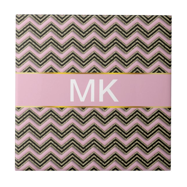 Black and Pink Zigzag Pattern Ceramic Tile (Front)