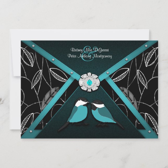 Black and Pool Blue Love Birds Wedding Invitations (Front)