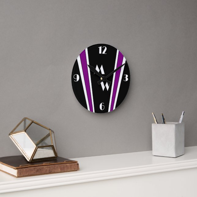 Black And Purple Art Deco Design Monogrammed Round Clock (Office)