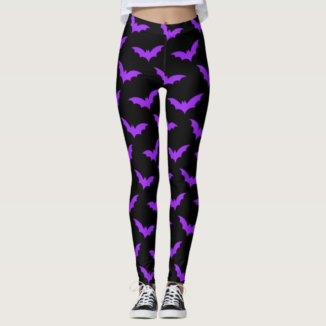 Black and Purple Bats Halloween Leggings (Front)
