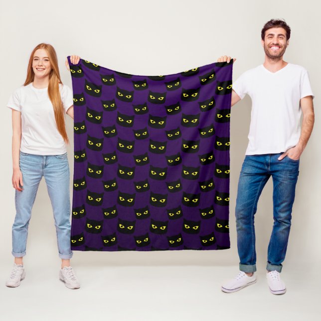 Black and purple cat yellow eyes Halloween pattern Fleece Blanket (In Situ)