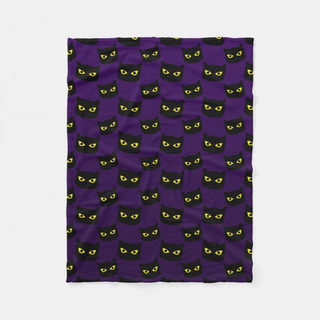 Black and purple cat yellow eyes Halloween pattern Fleece Blanket (Front)