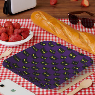 Black and purple cat yellow eyes Halloween pattern Paper Plate