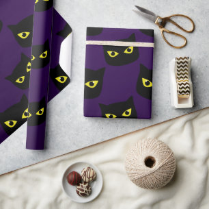 Black and purple cat yellow eyes Halloween pattern Wrapping Paper