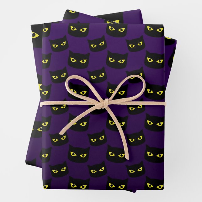 Black and purple cat yellow eyes Halloween pattern Wrapping Paper Sheet (In situ)