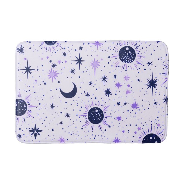 Black and Purple Celestial Sun Moon Stars Bath Mat (Front)