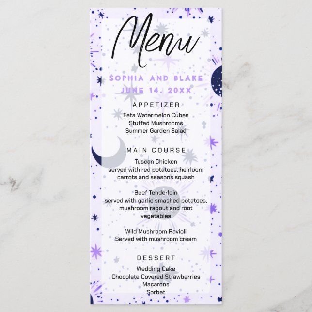 Black and Purple Celestial Sun Moon Stars Wedding Menu (Front)
