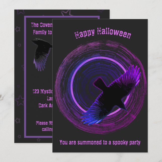 Black and Purple Crow Halloween Invitation (Front/Back)