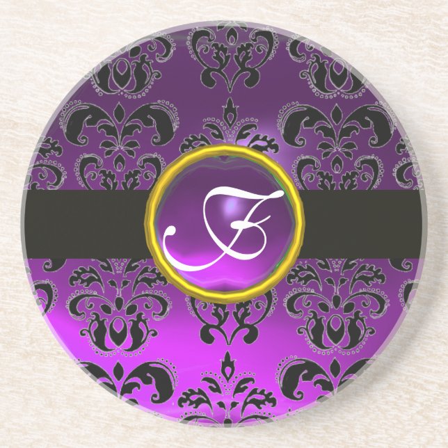 BLACK AND PURPLE DAMASK Amethyst Monogram Coaster (Front)