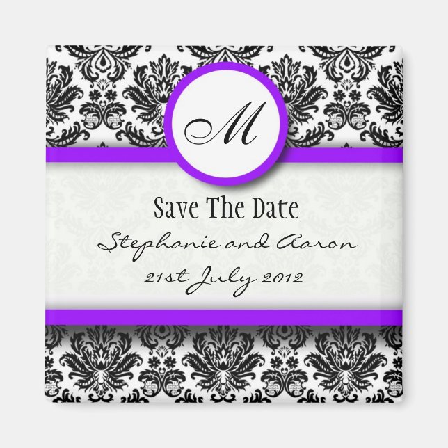 Black and Purple Damask Monogram Save The Date Magnet (Front)