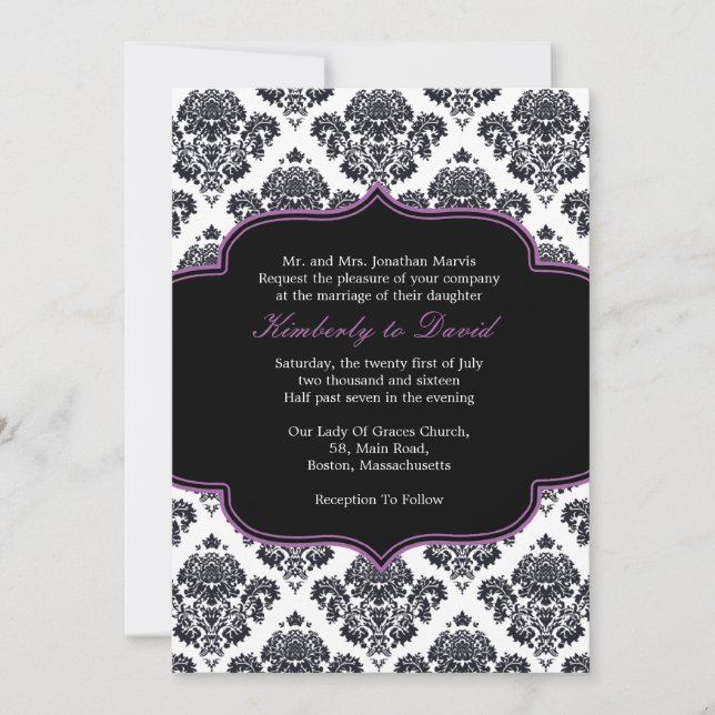 Black and Purple Damask Wedding Invitation (Front)