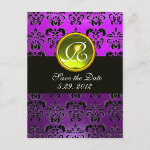 BLACK AND PURPLE DAMASK YELLOW TOPAZ Monogram Announcement Postcard