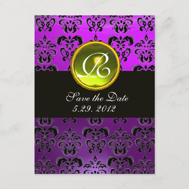 BLACK AND PURPLE DAMASK  YELLOW TOPAZ Monogram Announcement Postcard (Front)
