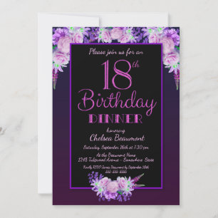 Black and Purple Floral 18th Birthday Dinner Party Invitation