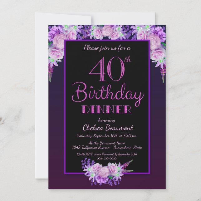 Black and Purple Floral 40th Birthday Dinner Party Invitation (Front)