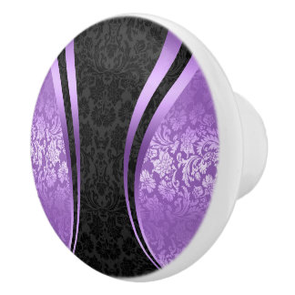 Black And Purple Floral Damasks Ceramic Knob
