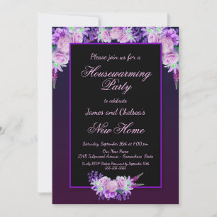 Black and Purple Floral Housewarming Party Invitation