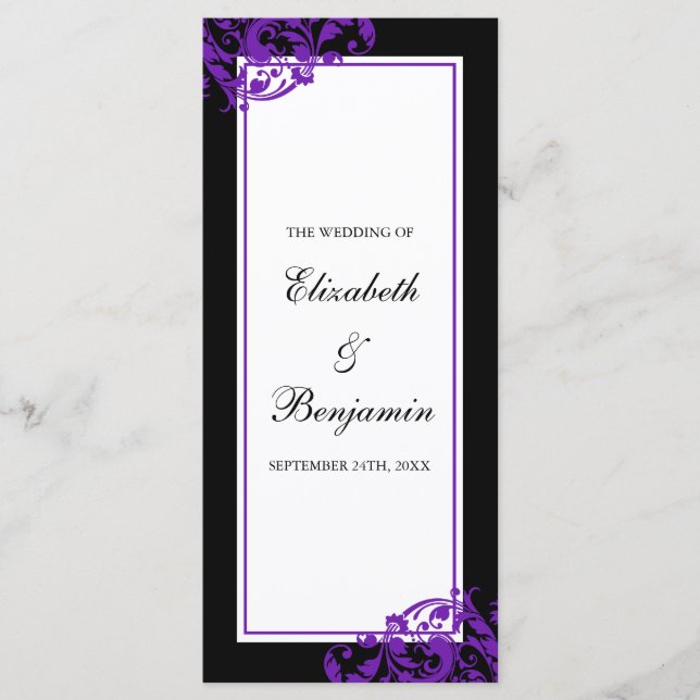Black and Purple Flourish Swirls Wedding Program (Front)