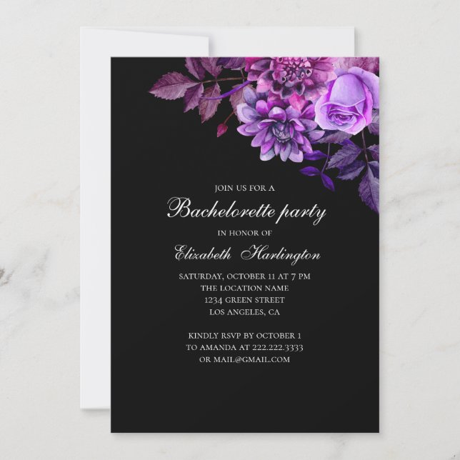 Black and purple flower. Floral bachelorette party Invitation (Front)