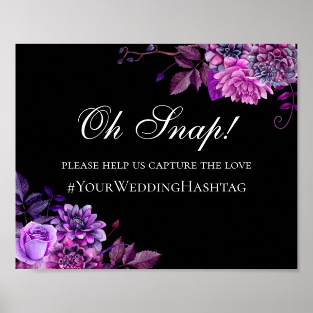 Black and purple flower. Wedding instagram hashtag Poster (Front)