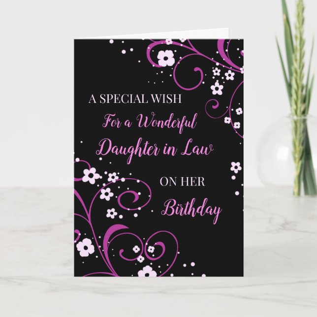 Black and Purple Flowers Daughter in Law Birthday Card (Front)
