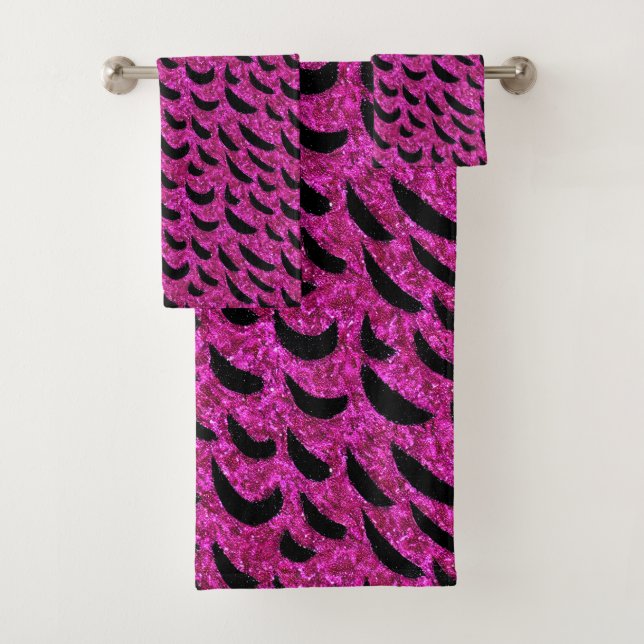 Black and Purple Glitter Animal Print Pattern Bath Towel Set (Insitu)
