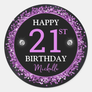 Black and Purple Glitter Confetti Birthday Classic Round Sticker
